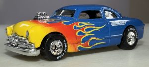 Hot Wheels Blue W/ flames J.C. Whitney Shoe Box/RR Rubber tires 2000 Malaysia